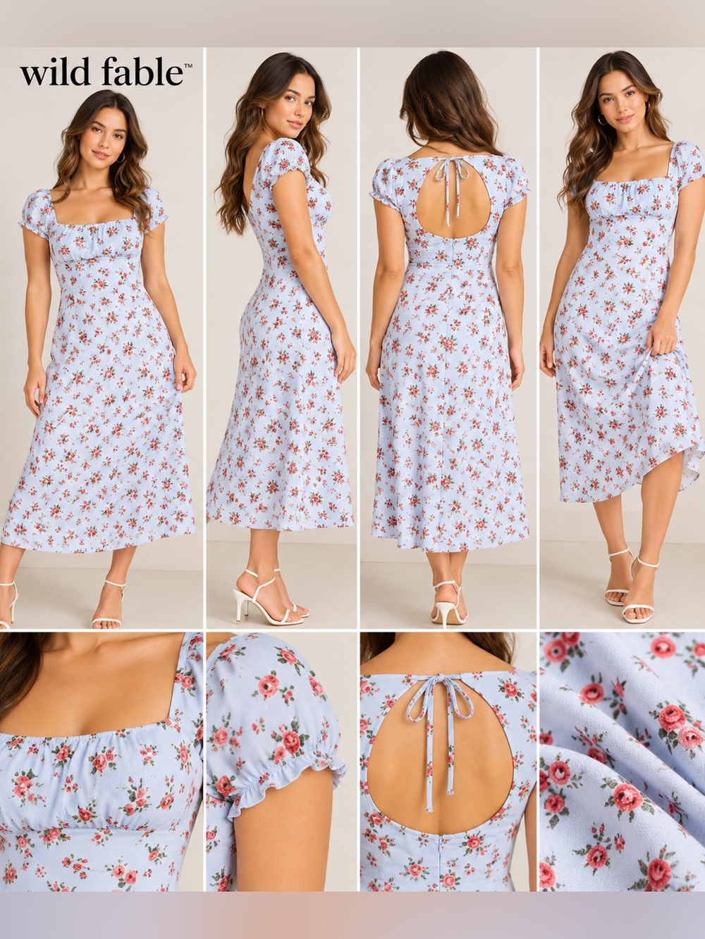 Wild Fable Blue Floral Midi Dress Open Back Puff Sleeve NWT M